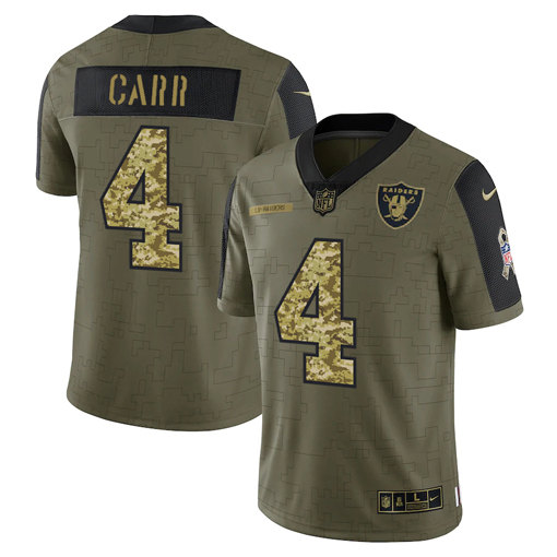 Men's Las Vegas Raiders #4 Derek Carr 2021 Olive Camo Salute To Service Limited Stitched Jersey